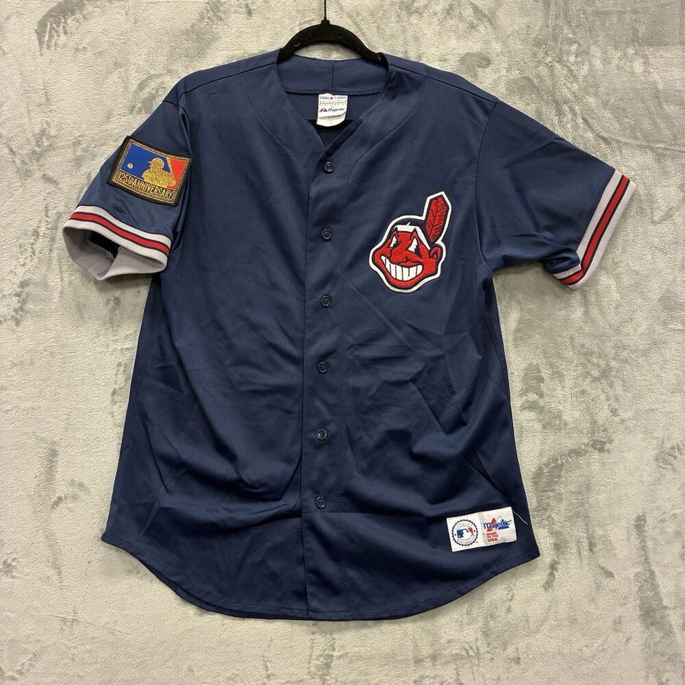 Vintage Majestic Cleveland Indians Jersey Mens L Blue Chief Wahoo Stitched Logo